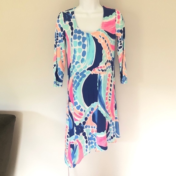 Lilly Pulitzer Ariana pink and blue seashell Asymmetric dress size XS - Picture 2 of 7